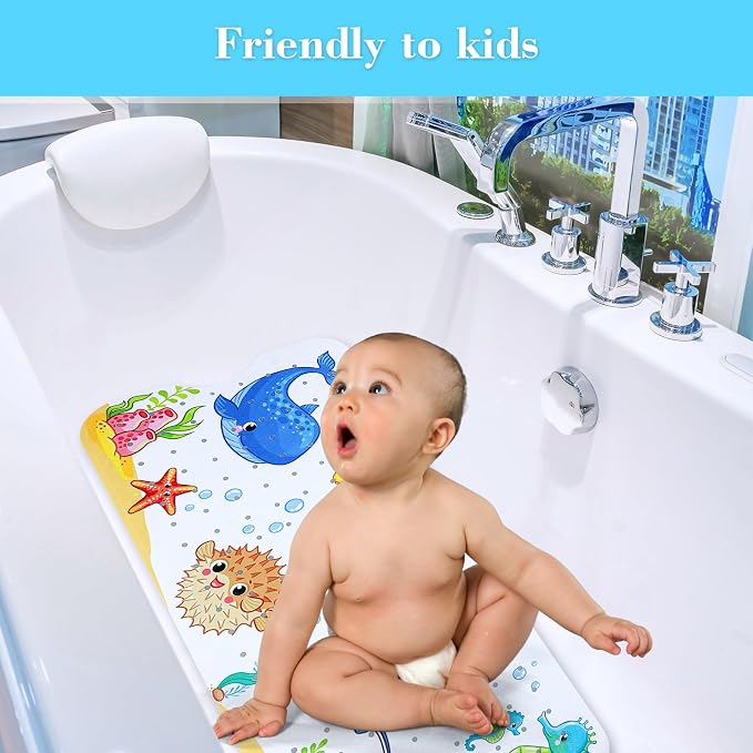 Secopad Bath Mat for Tub Non Slip, Machine Washable Anti-Slip Cartoon Baby Bathtub Shower Mat with Drain Holes and Suction Cups for Toddler & Kids (40 Inch x 16 Inch-Rectangular, New-Octopus)