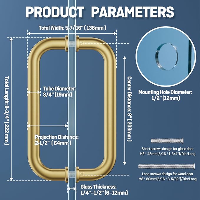 Ranbo Gold Plated 8" CTC Tubular Back-to-Back Shower Door Handle,Heavy-Duty 1.0mm Thick 304 Stainless Steel,for 1/4"- 1/2" Thick Glass and 1-3/8" - 2-1/6" Thick Wooden or Metal Doors，Brass Gold 8" CTC