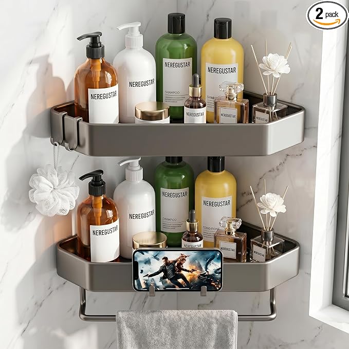 Shower Caddy Hanging, 2 Pack Never Rust Shower Organizer Hanging, Aluminum Shower Racks for Inside Shower with Hooks for Razor, Bathroom Organizers and Storage with Soap Holder, Grey