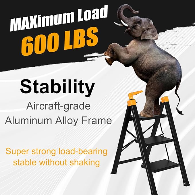 3 Step Ladder with Single-Handrail, Aluminum Step Stool Foldable, Lightweight Sturdy Step Ladder with Anti-Slip Pedals,Convenient Handrail for Home Kitchen Closet, 600lbs Max Load Capacity (Yellow)