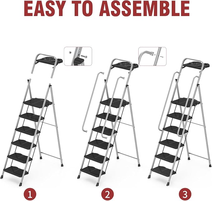 6 Step Foldable Step Ladder Stool with Roomy Tool Tray and Secure Handrail, Foldable Platform Ladder 6 Step Folding Stepstools with Wide Pedals and 800lbs Weight Capacity for Adults, Home, Kitchen