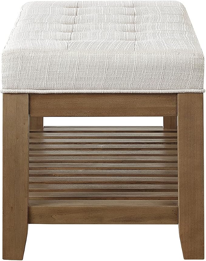 24KF Large Rectangular Upholstered Tufted Linen Ottoman Bench, Padded Bench with Solid Wood Shelf-Ivory