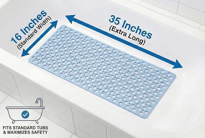 Bath Tub Shower Mat, Extra Soft Long Bath Mat Non-Slip with Suction Cups, TPE Bath Mat for Kids, Machine Washable Bathroom Mat (Blue, 35 x 16 Inch)