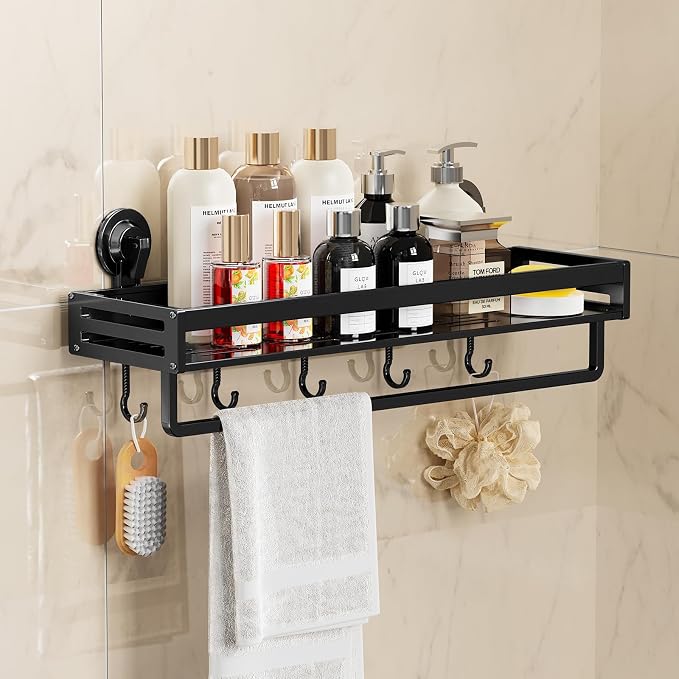 Suction Cup Shower Caddy, 15.7 inch Extended Version, with 5 Hooks & Towel Rrack, No Drilling Required, Rust-Resistant Bathroom Shower Organizer, Black