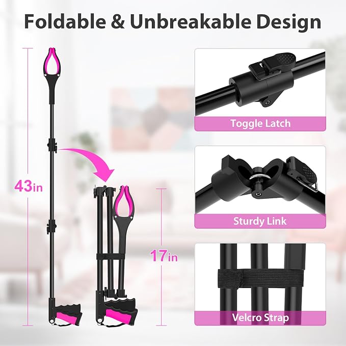 43" Grabber Reacher Tool, Foldable Reacher Grabber Pickup Tool with 360° Rotating Jaw & Two Magnets, Extra Long Trash Picker Upper Grabber, Extension Grabbers for Seniors, Pink