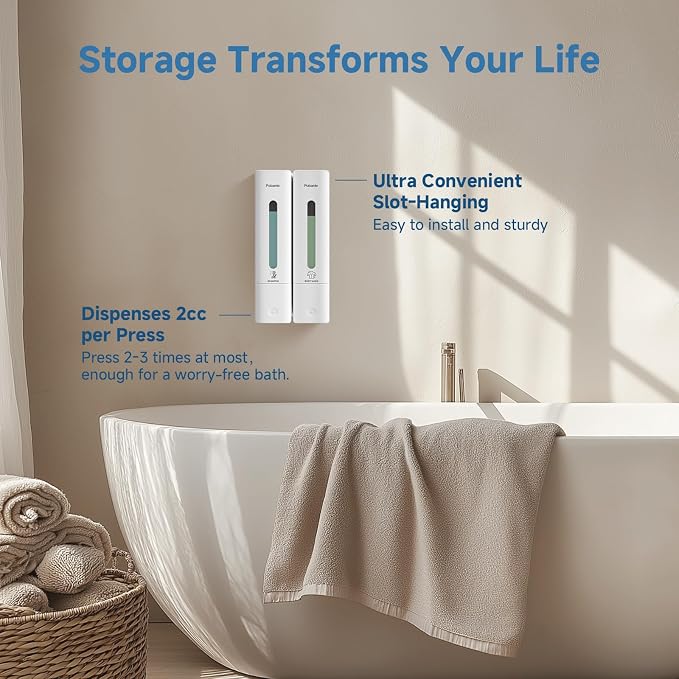 Shampoo Dispenser for Shower - Shower Soap Dispenser Wall Mounted No Drill - Shampoo Body Wash Dispenser 2 Chamber - Easy Install for Bathroom Hotel White 800ml