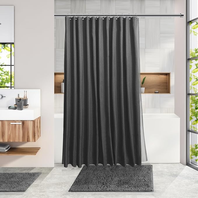 Clara Clark Bathroom Accessories Set - Bathroom Set, Bathroom Accessory Set, Shower Curtain Set, Toilet Brush, Trash Can & Soap Dispenser - Grey - 20PC
