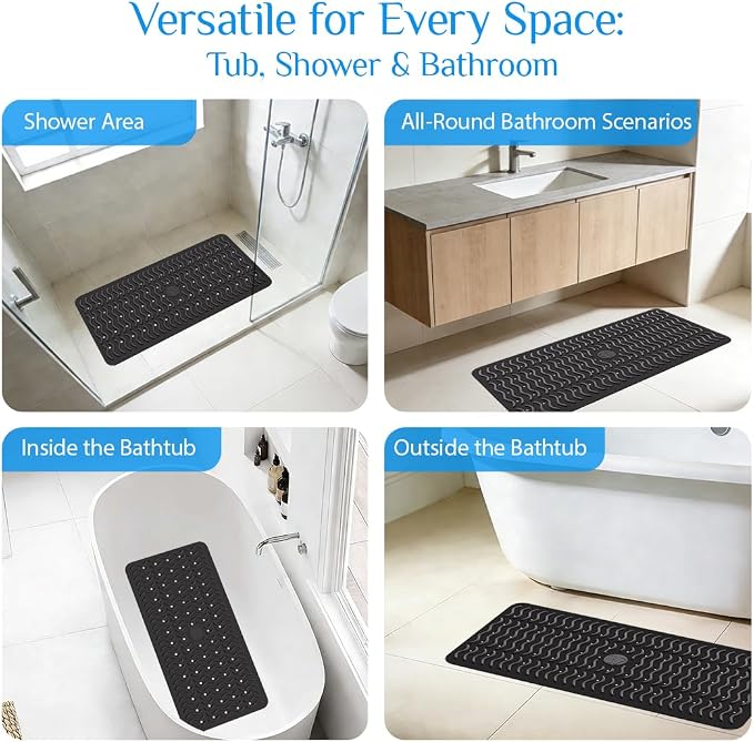 Non Slip Bathtub Mat & Shower Mat, 31x15'' Anti Slip Bath Mat for Tub, Soft TPE Anti-Skid Bathroom Mat with 194 Suction Cups & Drain Holes, Wave-Textured Grip, Machine Washable, Black