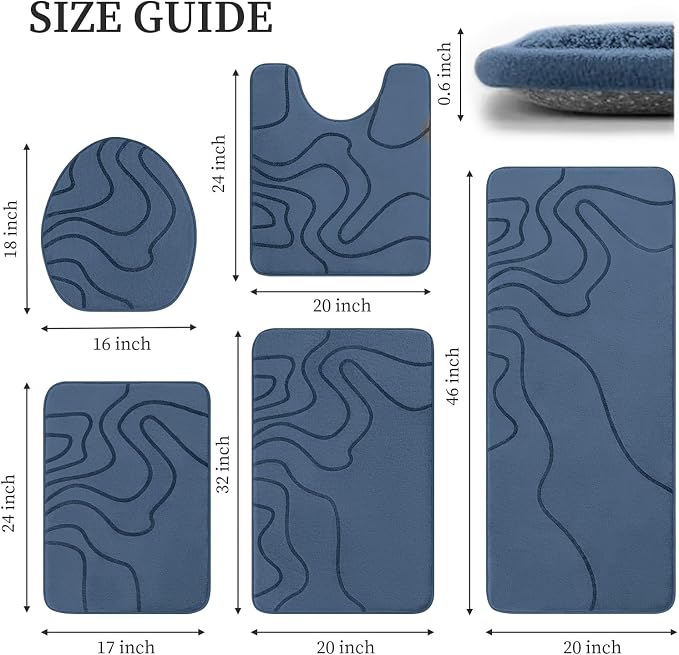 YIHOUSE Memory Foam Bathroom Rugs Sets 5 Piece - Extra Thick Ultra Soft Absorbent Bath Mat Set, Non-Slip Machine Washable Bath Rugs for Bathroom, Tub & Shower, Home Decor Accessories, Dusty Blue