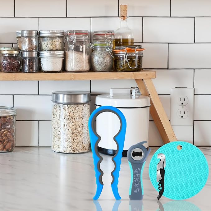 Bloss Anti-skid Jar Opener Can Opener Kitchen Grippers, 4 in 1 Multi Function Bottle Opener Lid Opener for Seniors with Arthritis, Caps and Bottles Kitchen Gadgets For Small Hands or Seniors, Blue