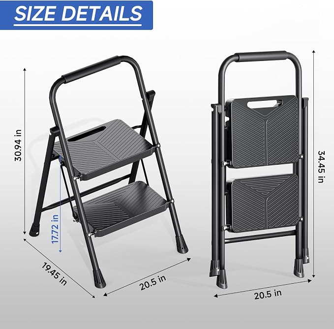 KINGRACK 2 Step Ladder, Folding Step Stool with Handrail, Safe-Lock Design and Wide Anti-Slip Pedals, 500 lbs Capacity Sturdy Steel Ladder for Home and Kitchen, Black