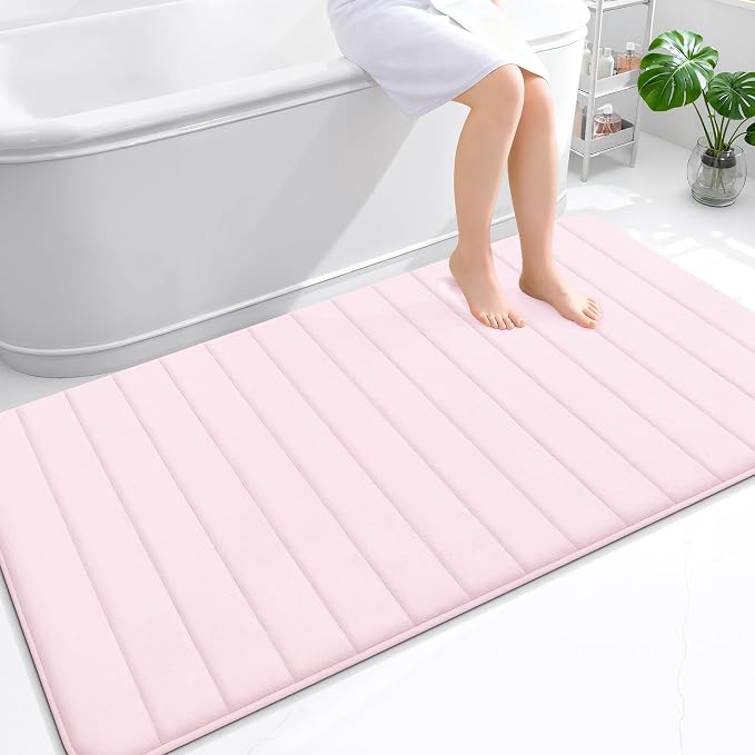 OLANLY Memory Foam Bath Mat 59x35, Super Soft Absorbent Bathroom Rugs, Quick Dry, Machine Washable Shower Floor Rugs, Bathmat Carpet, Bathroom Home Decor Accessories, Pink