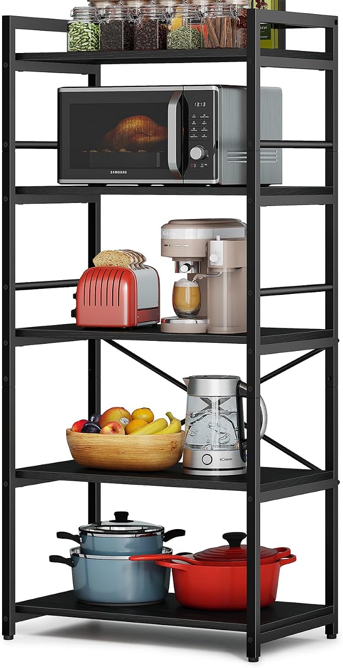 Denkee 5-Tier Bakers Rack for Kitchen with Storage, Industrial Microwave Stand Shelf, Coffee Bar for Small Spaces, Free Standing Kitchen Storage Shelf Rack, 23.62" L x 15.75" W x 60.24" H, Black