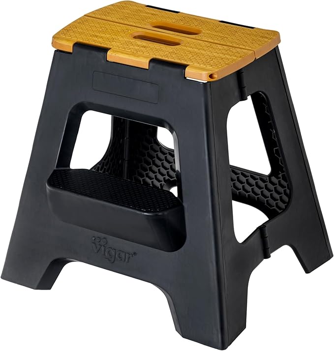 Vigar Compact Folding Step Stool - 16 Inch 2 Step Foldable Step Stool for Adults, Lightweight Portable Stool with Handle, Non Slip Step Stool, Space-Saving Stool up to 330 lb - Black, Bamboo Print Top