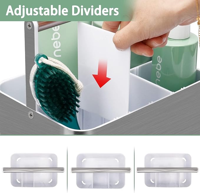 BYUNER Plastic Shower Caddy Dorm - Portable Bathroom Caddy Organizer with Handle and Divider for College Dorm & Shared Bathroom, Hard Shower Tote for Toiletry, Brushed Nickel White