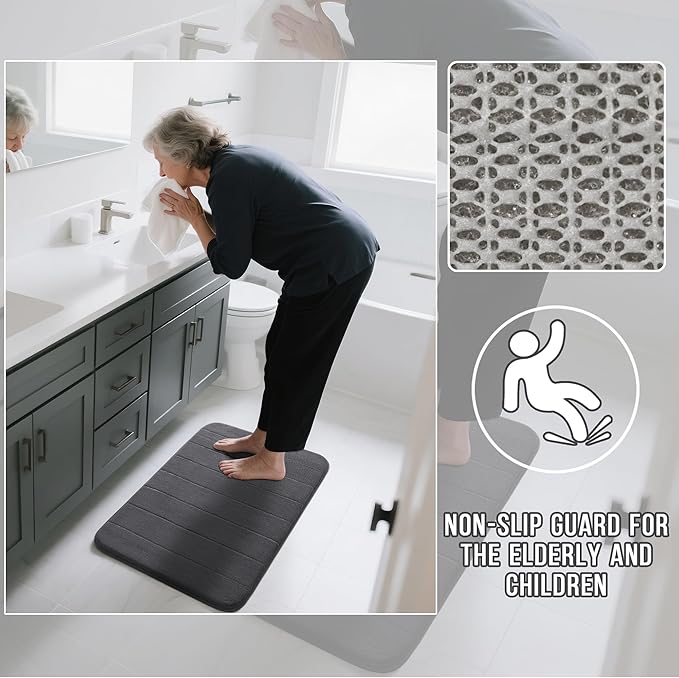 Yimobra Memory Foam Bath Mat Set 3 Pieces- Super Soft Absorbent Quick Dry Bathroom Rug Sets, Machine Washable Non Slip Floor Carpet for Tub Shower, Vanity & Toilet Base, Dark Gray