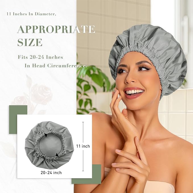 Reusable Shower Cap for Women, Large Waterproof Shower Bonnet with Elastic Band, Washable Bath Hair Cap for Long, Curly Hair, Braids, Daily Shower, Home Spa, Travel(Dark Grey)