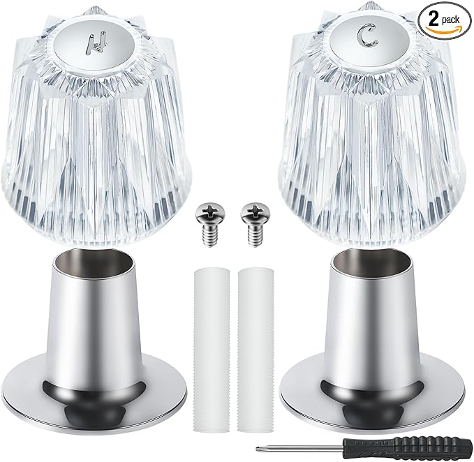 2 Piece Shower Knob Replacement and Flange Base, Clear Acrylic Plastic Hot and Cold Shower Knob Compatible with Price Pfister Contessa and Windsor Bathtub Shower Faucet Handle