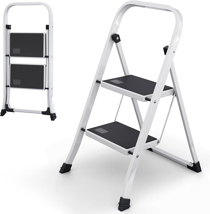 2-Step Ladder with Wide Anti-Slip Platform & Thick Rubber Feet | Heavy Duty Foldable & Portable | 330 lbs Capacity, Steel Frame, Rubber Handgrip, Folding Step Stool