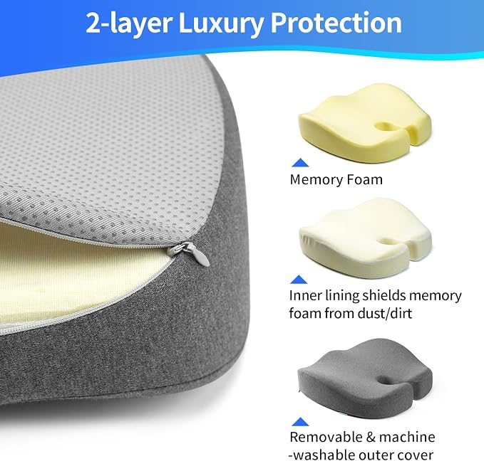 Seat Cushions for Office Chairs & Hip Pain Relief, Extra-Dense Coccyx Cushion with Sciatica Support, Ergonomic Design for Desk Chair, Car, Wheelchair, All-Day Comfort (Gray)