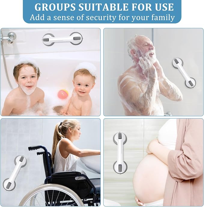 Shower Handle 1 Pack Grab Bars for Bathtubs & Showers, 12 inch Grab Bars for Bathroom with Strong Hold Suction Cup, Balance Bar Safety Hand Rail for Injury, Senior, Elderly Grey