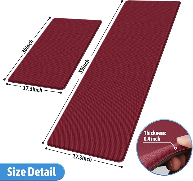 StepLively Kitchen Mat, 2 PCS Kitchen Rugs, Cushioned Kitchen Mats for Floor, Anti Fatigue Kitchen Rug Set, Non-Skid Standing Mat for Kitchen, Office, Sink, 17.3"x30"+17.3"x59", Red