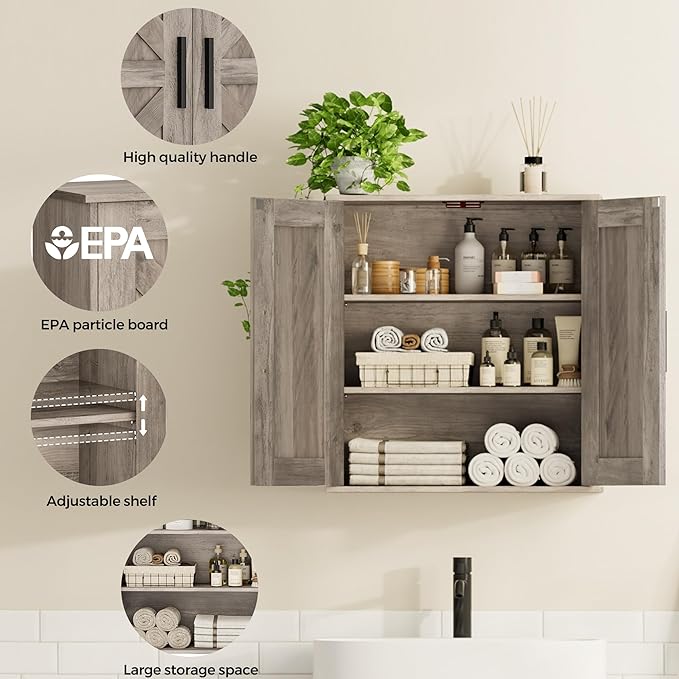 Homleke Bathroom Wall Cabinet, Over Toilet Storage Cabinet with Barn Doors and Adjustable Shelves, 3-Tier Medicine Cabinet Wall Mounted, for Bathroom, Kitchen, Entryway, Laundry Room, Greige, (7.9" D)