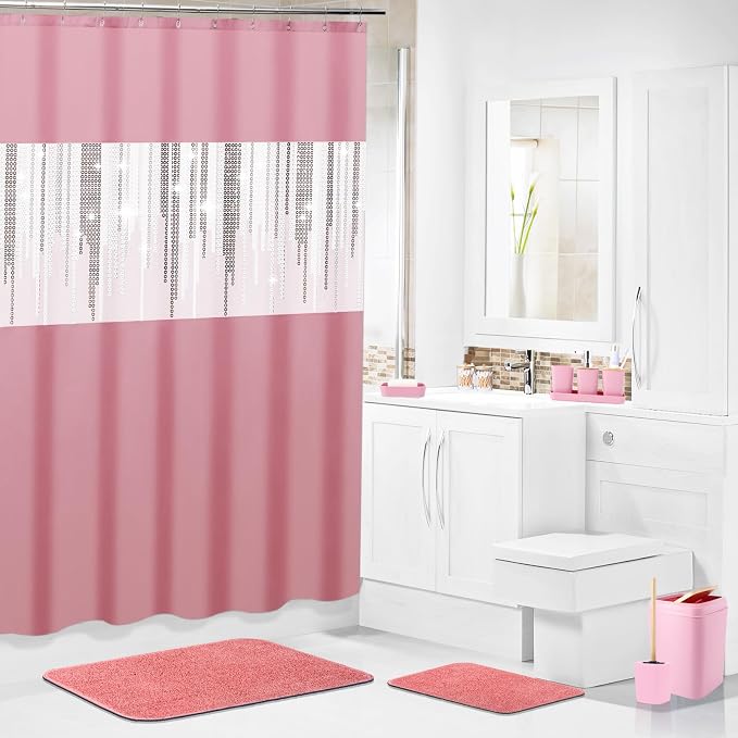 Pink Bathroom Accessories Set with Glitter Shower Curtain and Rugs,Bathroom Sets with Extra Soft and Absorbent Bath Rugs Sequin Shower Curtain Pink Bathroom Sets for Bath Decor