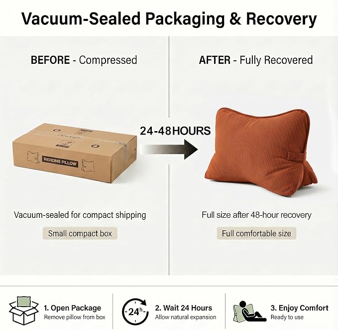 Pat. Pend. Corduroy Back Support Pillow for Bed Sitting and Headboard Support, Lumbar Cushion for Relaxing and Watching TV, Triangle Backrest Pillow, Brick Red