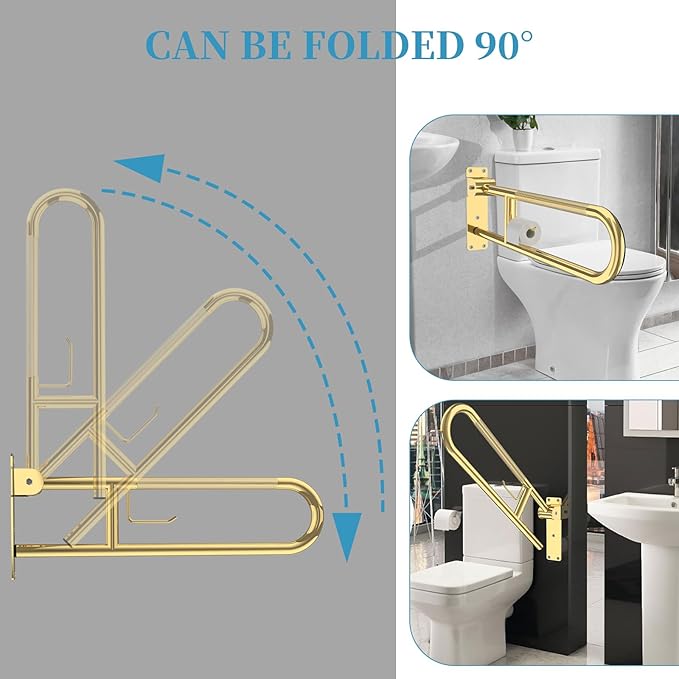 Toilet Grab Bar 32 Inch Gold, Munzong Anti-Slip Handicap Grab Bars with Paper Holder, Flip-Up Bathroom Safety Rails, Stainless Steel Knurled Support handrails for Seniors Elderly Disabled Pregnant