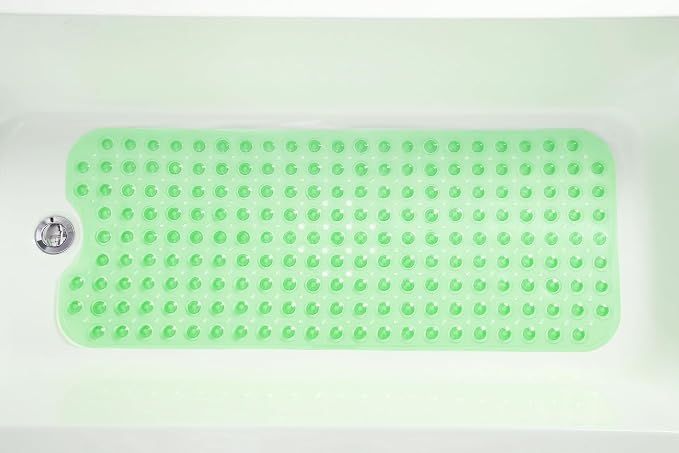 Extra-Long Non-Slip Bathtub & Shower Mat 39”x16” (Smooth/Non-Textured Tubs Only) Safe, Clean, Machine-Washable, Superior Grip&Drainage, Vinyl, Transparent Light Green
