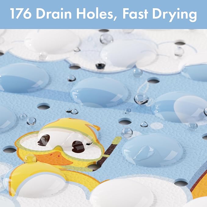 AmazerBath Baby Bath Mat Non Slip, Cartoon Kids Bath Mat for Tub 40 x 16 Inches Full Size, Non Slip Bathtub Mat with Suction Cups and Drain Holes, Shower Stall Mats - Elephant