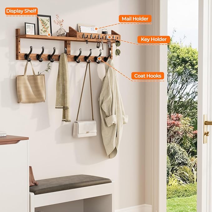 Evermagin 35" Coat Rack Wall Mount with Shelf, 4 in 1 Wall Mounted Coat and Key Hanger with 13 Hooks, Entryway Key Holder with Mail Holder for Living Room, Bedroom