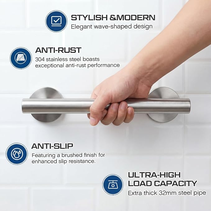 Zonon 2 Pack Shower Grab Bars, 12 Inch Heavy Duty Stainless Steel Bathroom Safety Grab Bar with 1.25" Diameter, Wall Mounted Anti-Slip Safety Handle for Seniors Elderly Handicap, Bathtub Toilet Step