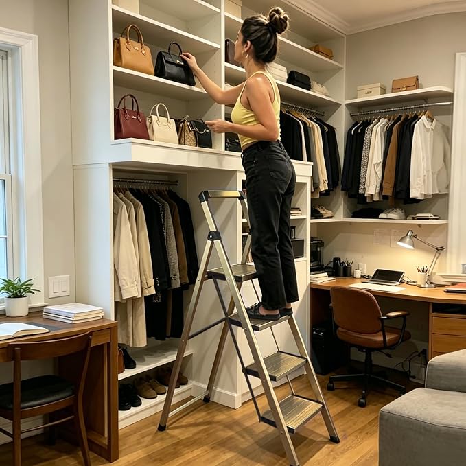 Step Ladder 3-Step Champagne Finish Aluminum Folding Ladders
