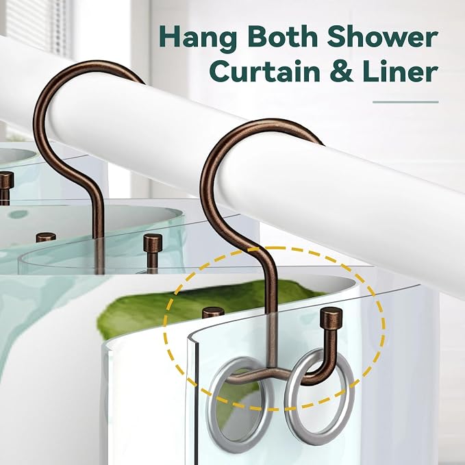 Goowin Shower Curtain Hooks, Shower Curtain Rings, Durable Rust Proof Shower Curtain Hangers, Double Glide Shower Rings for Curtain, Simple Shower Hooks for Shower Curtain, Bronze, 12 Pack-Cylinders