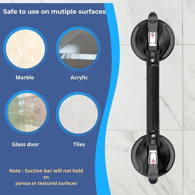 Heavy Duty Grab Bar with Large Suction Cups for Shower and Bathtub, Easy Tools-Free Installation & Removal, Safety with Compression Loss Warning, Useable on Diffrent Surfaces (Black, 19 Inches)