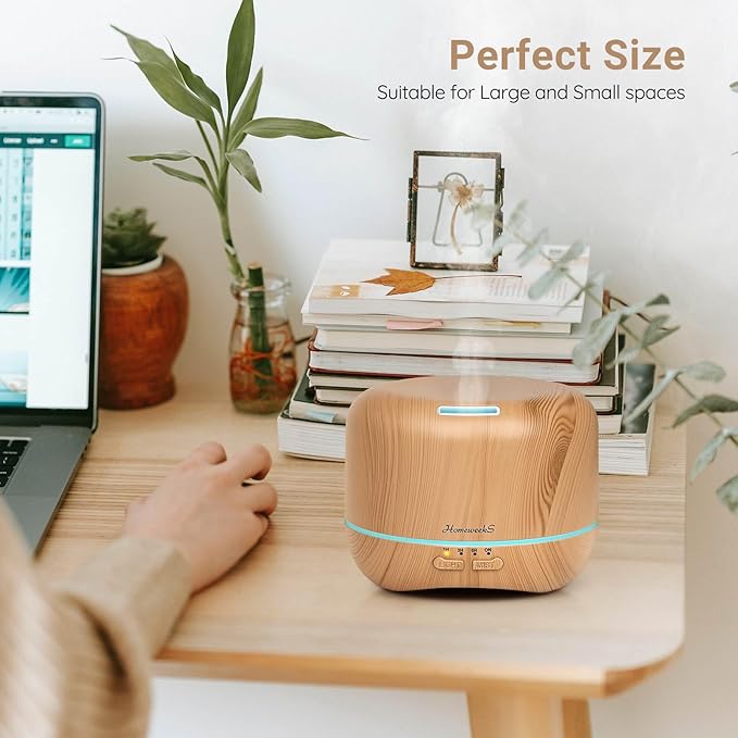 Homeweeks 300ml Essential Oil Diffuser, Quiet Aromatherapy Mist Diffusers for Essential Oils, Wood Grain, Ultrasonic, Remote Control, Timer, 7 Colors Light for Bedroom (300ml Yellow Wood Grain)