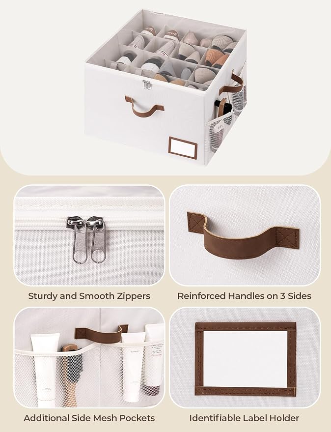 StorageWorks Shoe Organizer for Closet, Shoe Storage Bins with Clear Lid, Fabric Shoe Boxes with Side Mesh Pockets, Closet and Storage Bins for Slippers and Flats, Holds Up to 16 Pairs, Beige