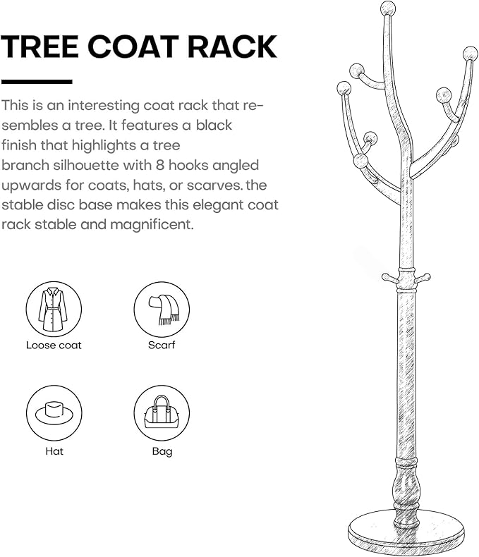 Bekrvio Coat Rack Freestanding Coat Tree with Sturdy Round Base, Unique Coat Hanger Stand, Heavy Duty Standing Coat Rack Clothes Stand for Winter Jacket, Hat, Entryway/Hallway/Bedroom, Black