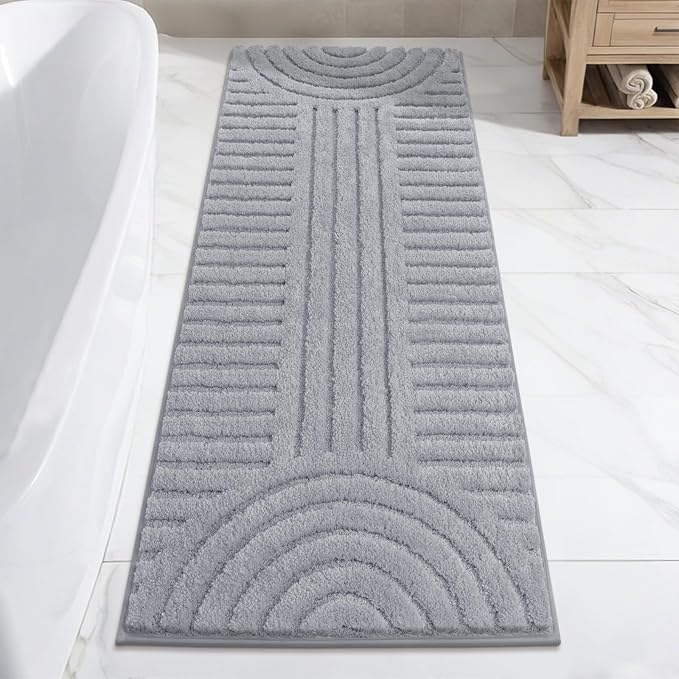 SHACOS Super Soft Bathroom Runner Rugs 24"x60" Non Slip Boho Bath Rugs Microfiber Absorbent Bath Mats for Bath Room Floor Machine Washable Shaggy Carpet for Shower Bathtub, Light Grey 2' x 5'