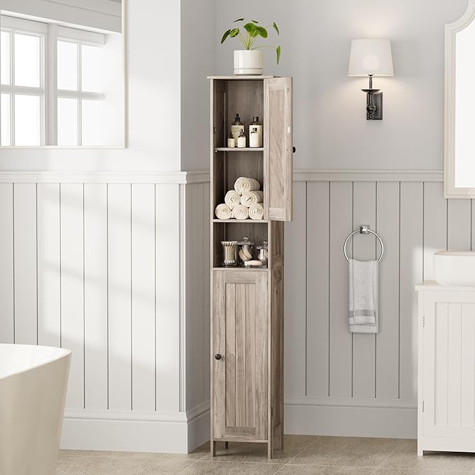Homleke Tall Bathroom Storage Cabinet with 2 Doors, 67"H Narrow Storage Cabinet with Adjustable Shelves& Anti-Tip Design, Reversible Door Installation, Easy Assembly, 11.8 x 11.8 x 66.9 Inches, Greige
