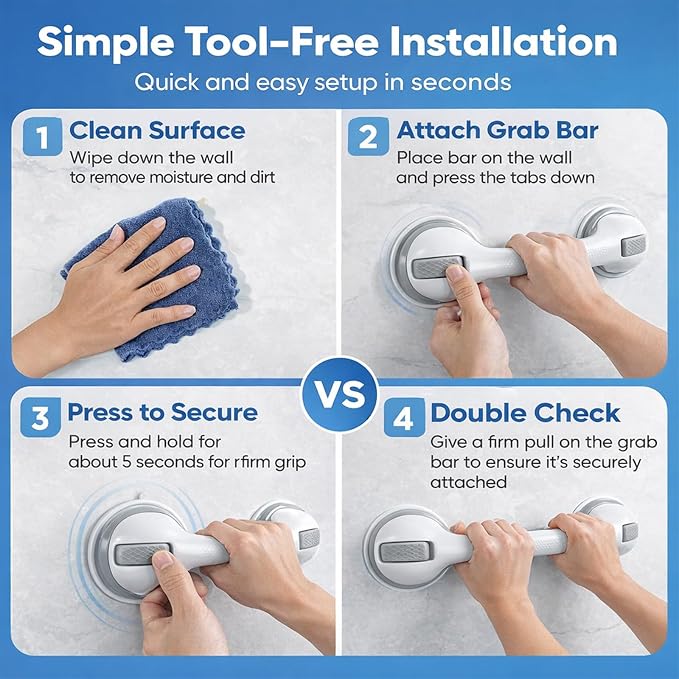 Grab Bars for Bathtubs and Showers, 2 Pack 16.5" Bathroom Safety Handles with Strong Suction Cups, Non-Slip Grip Balance Support for Shower & Bathtub, Seniors & Limited Mobility