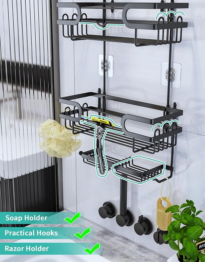 HapiRm Bathroom Hanging Shower Caddy - Rustproof & Waterproof Shower Shelf with 12 Hooks and 2 Soap Holders, No Drilling Bathroom Organizers and Storage - Black