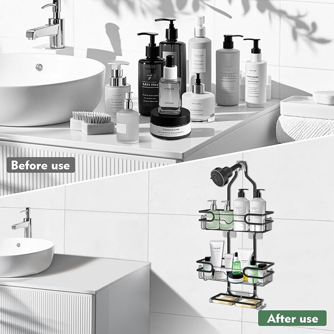 Shower Caddy Hanging, Over Head Shower Caddy Shower Storage Rack Basket with Hooks for Razor and Sponge Rustproof, No Drilling, Accessories for Bathroom and Kitchen, Black2