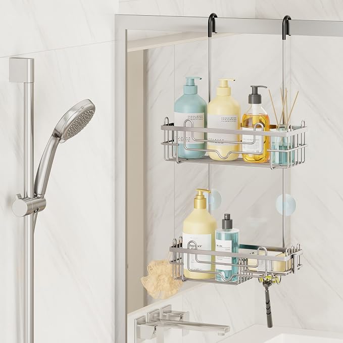 Consumest Over the Door Shower Caddy - 2-Tier Hanging Shower Organizer with Soap Holder, Rustproof Bathroom Storage and Organizer Rack for Shampoo, Towels, and Toiletries, Sand Nickel