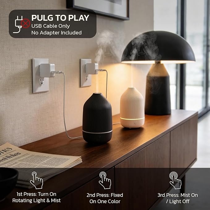 Essential Oil Diffuser, 2Pack, 100ml Aromatherapy Diffuser, Mini Ultrasonic Diffuser for Essential Oil, Home, Office, Cool Mist Humidifier with 7 Led Light, Auto Shut-Off, White & Black