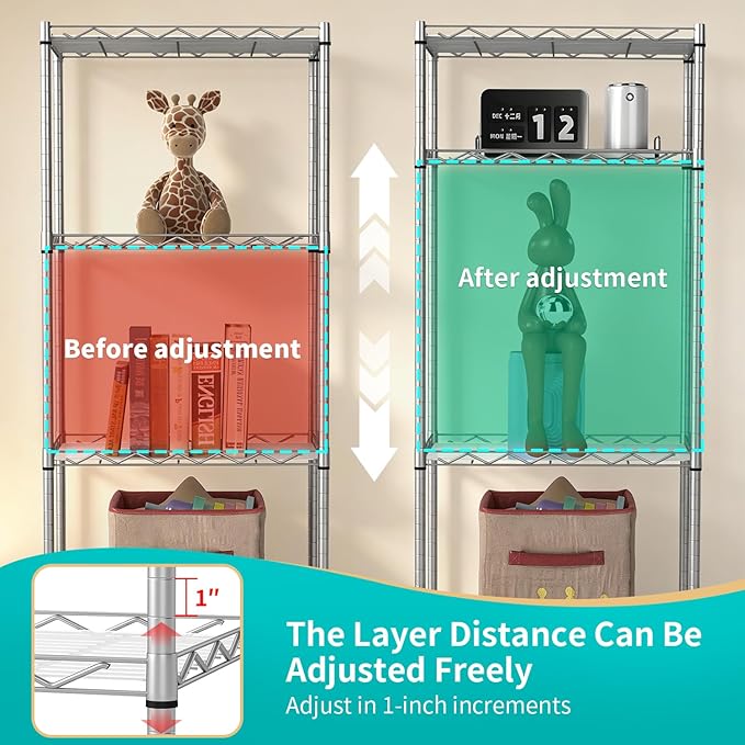 BestOffice | 4-Tier Wire Storage Shelves | 12"D x 18"W x 44"H | Chrome | with Adjustable Racks PP Liners | Compact Metal Shelf, Holds Upto 600 lbs | Ideal for Kitchens Closets Bathrooms Small Corners