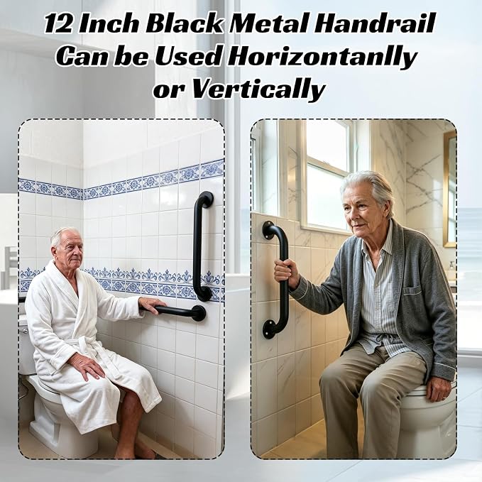 12 INCH Metal Stair Handrail 2pcs Wall Mount Handrail Indoor Safety Grab Bar for Stairs Handicap Grab Bars for Seniors Elderly,for Bathroom, Shower, Toilet-Matte Black
