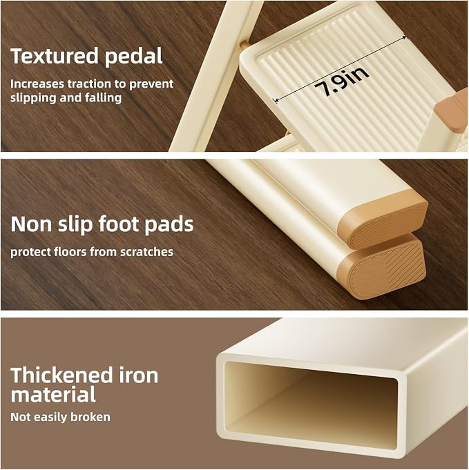 SOLADDER 3 Step Ladder, Anti-Slip and Lightweight Foldable Step Stool for Adults to Use in Kitchen, Closet and Library, 300lbs(Cream Chocalate)